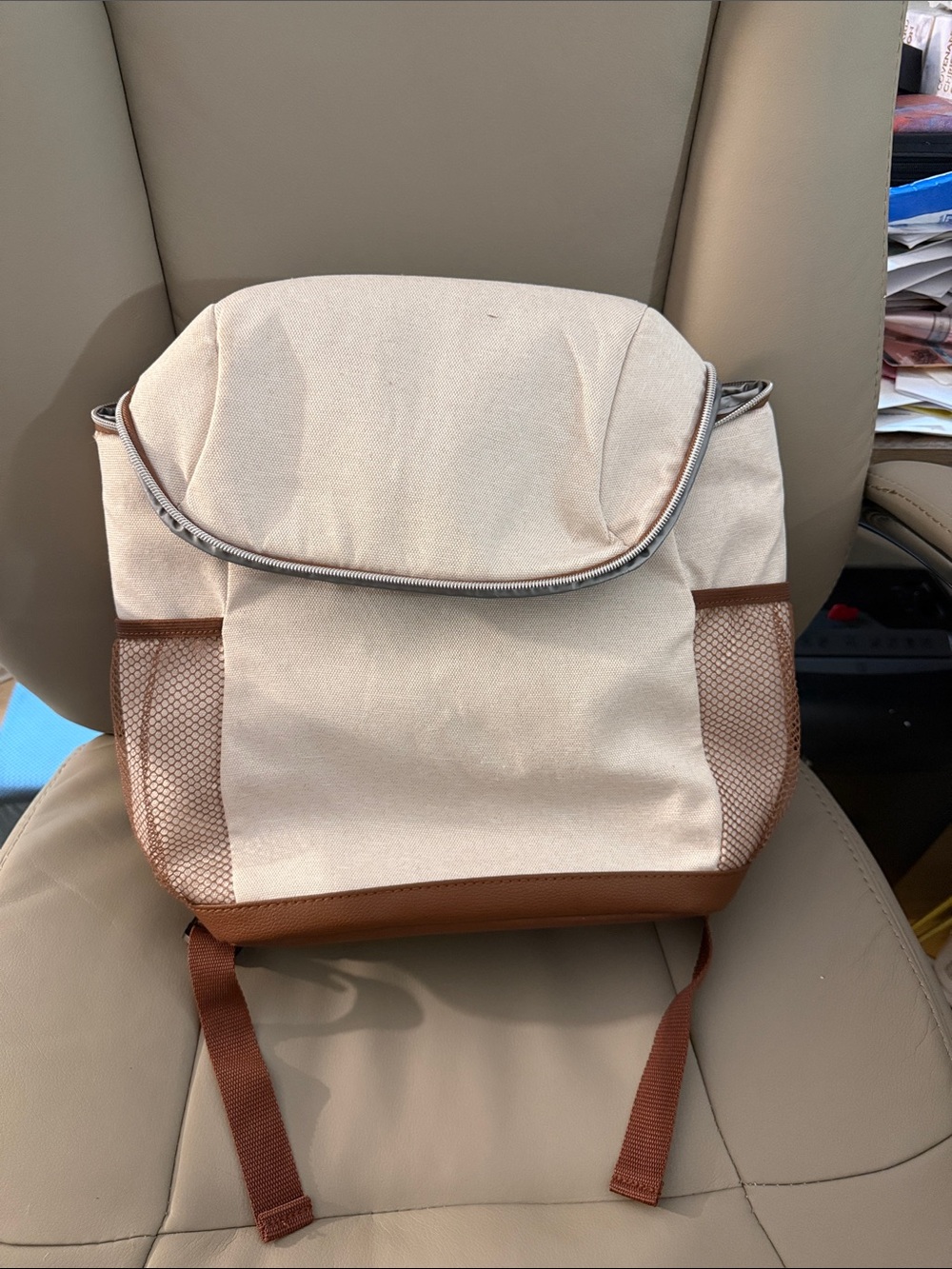 DSW Canvas and Brown Accent Backpack Cooler - Neutral Beige